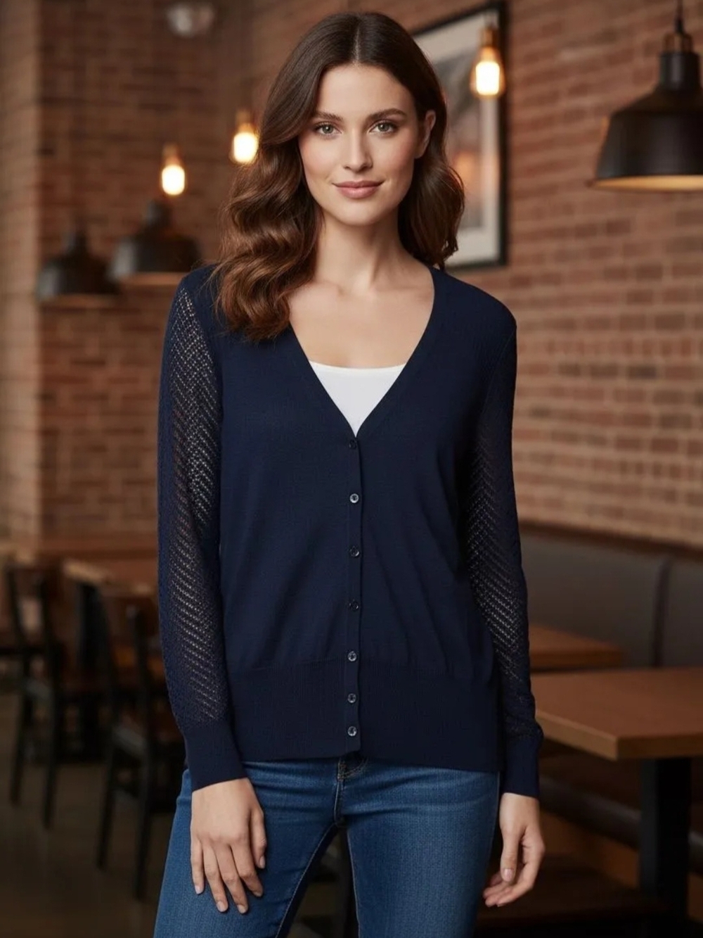 Ann Taylor Navy V-Neck Button Cardigan with Sheer Knit Sleeves